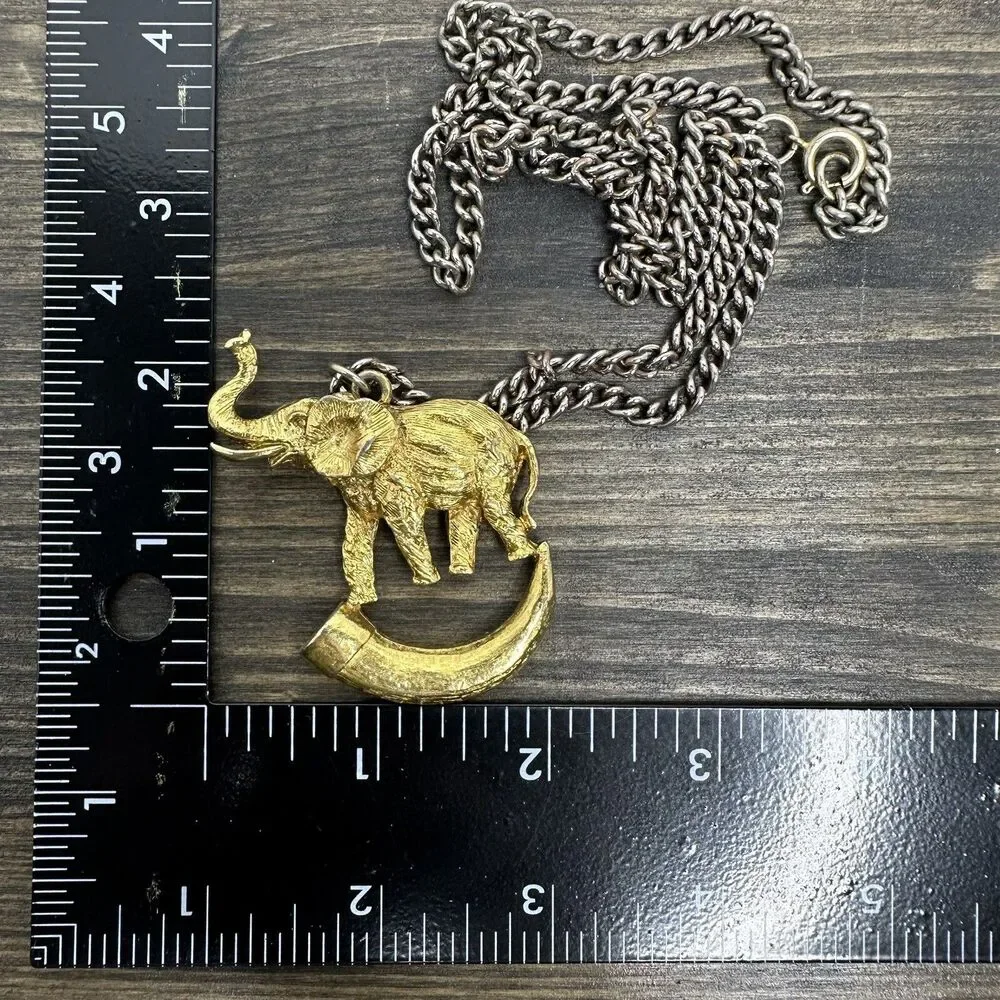 Vintage Elephant on Tusk Necklace Gold Tone Large Pendant Safari Estate‎ Find